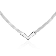 Sterling Silver Polished Chevron V Clavicle Mesh Chain Necklace