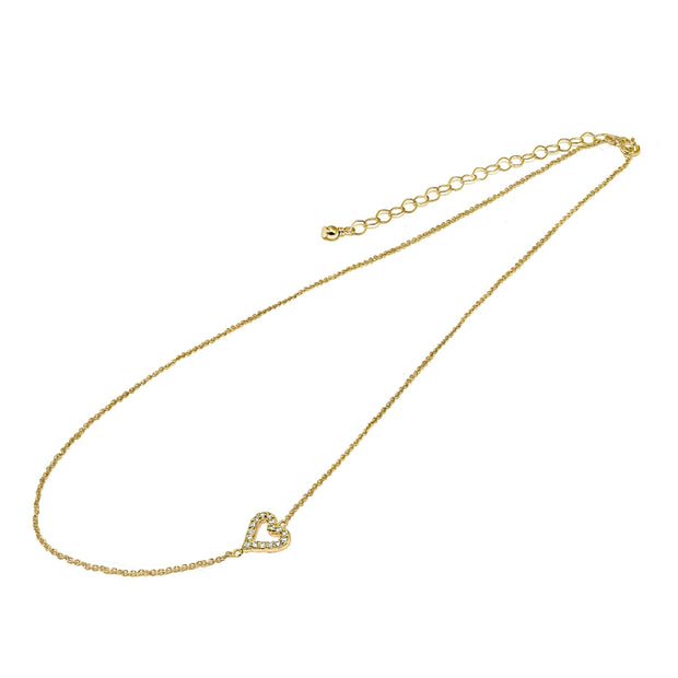 Yellow Gold Flashed Sterling Silver Cubic Zirconia Dainty Heart Sideways Chain Necklace, 16" + Extender