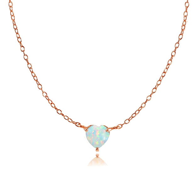 Rose Gold Flashed Sterling Silver Small Dainty Created White Opal Heart Choker Necklace