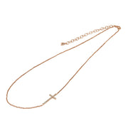 Rose Gold Flashed Sterling Silver Cubic Zirconia Cross Sideways Chain Necklace, 16" + Extender