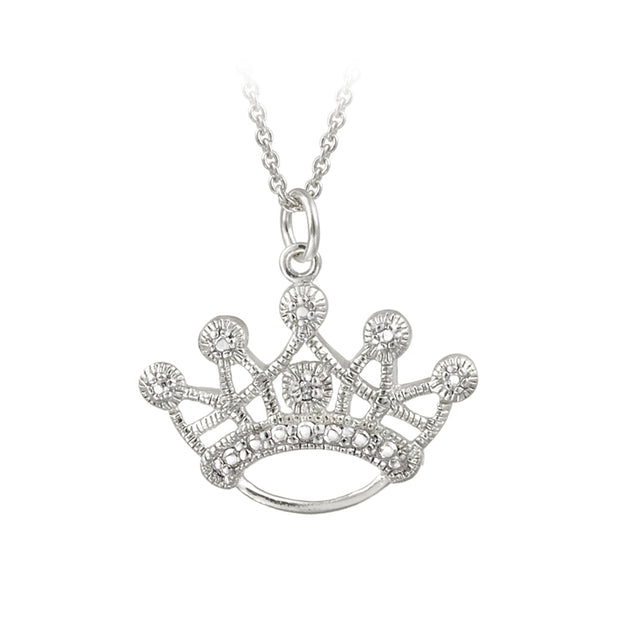 Sterling Silver Diamond Accent Designer Crown Necklace