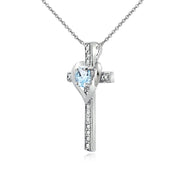 Sterling Silver Blue Topaz Cross Heart Pendant Necklace for Girls, Teens or Women