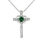 Sterling Silver Created Emerald Cross Heart Pendant Necklace for Girls, Teens or Women