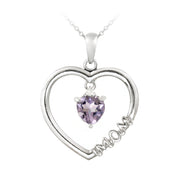 Sterling Silver Dangling Amethyst & Diamond Accent "Mom" Open Heart Necklace