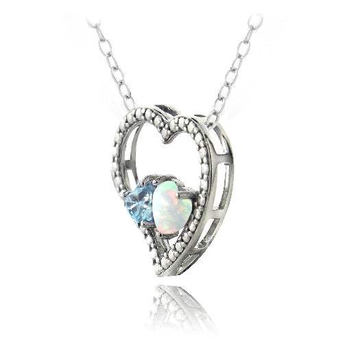 Sterling Silver Diamond Accent Blue Topaz & Created White Opal 3 Floating Heart Necklace