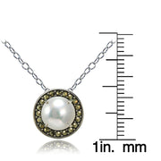 Sterling Silver Created White Pearl and Marcasite Halo Necklace