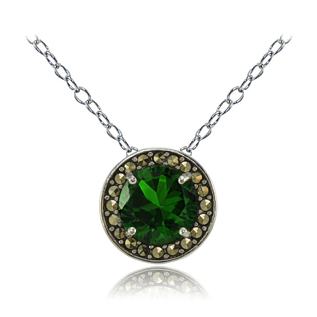 Sterling Silver Created Emerald and Marcasite Halo Necklace