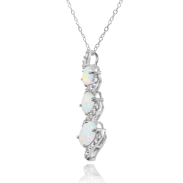 Sterling Silver Created White Opal and White Topaz Oval S Design Three-Stone Journey Necklace