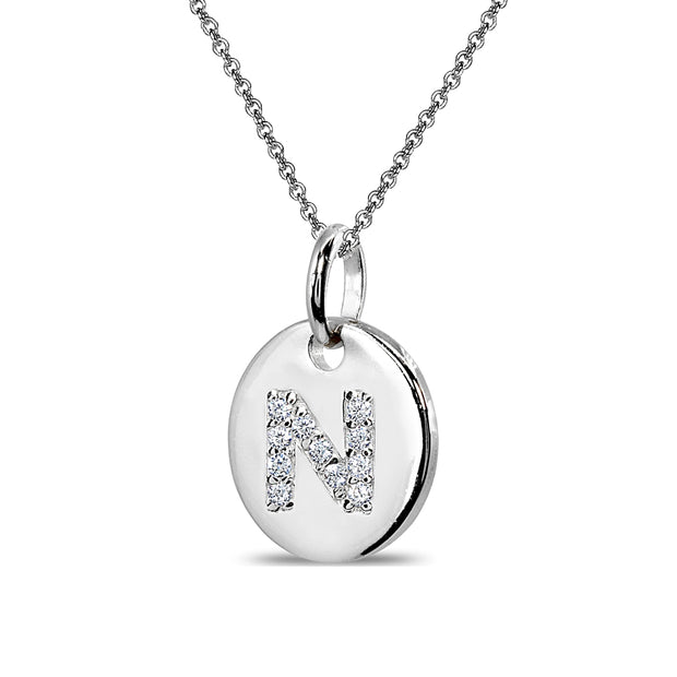 Sterling Silver N Letter CZ Initial Alphabet Name Personalized Pendant Necklace, 15” + Extender