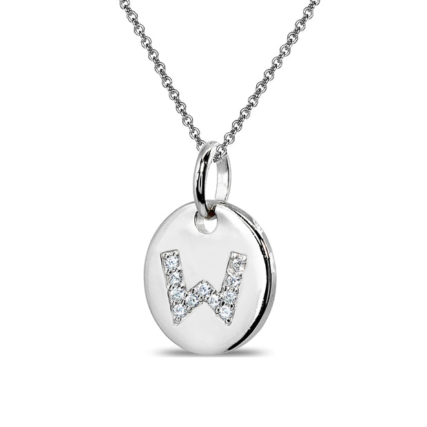 Sterling Silver W Letter CZ Initial Alphabet Name Personalized Pendant Necklace, 15” + Extender