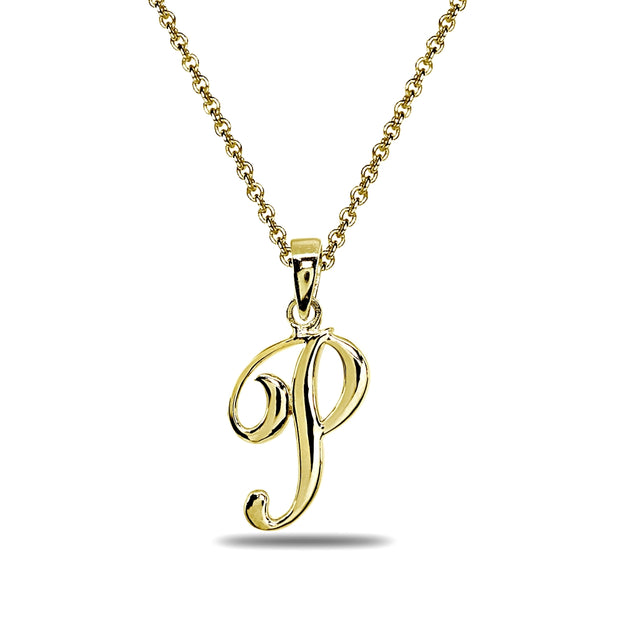 Yellow Gold Flashed Sterling Silver P Letter Initial Alphabet Name Personalized 925 Silver Pendant Necklace