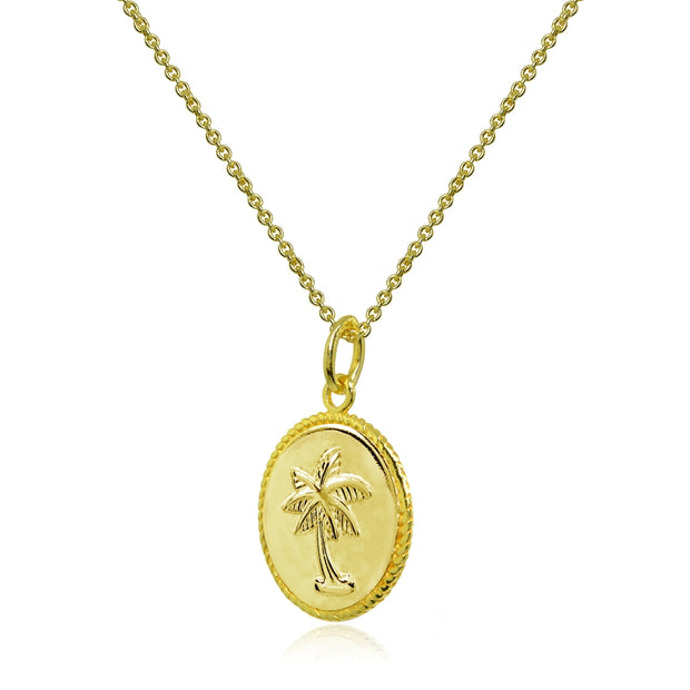 Yellow Gold Flashed Sterling Silver Polished Palm Tree Summer Medallion Coin Round Pendant Necklace