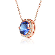 Rose Gold Flashed Sterling Silver Created Blue Sapphire and Cubic Zirconia Round Halo Necklace