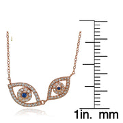 Rose Gold Flashed Silver Cubic Zirconia and Created Blue Sapphire Double Evil Eye Necklace