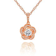 Rose Gold Flashed Sterling Silver Cubic Zirconia Flower Swirl Necklace
