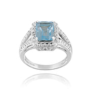Sterling Silver 3.4ct Emerald-Cut Blue Topaz & Diamond Accent Ring