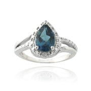Sterling Silver 1.ct London Blue Topaz & Diamond Accent Teardrop Ring