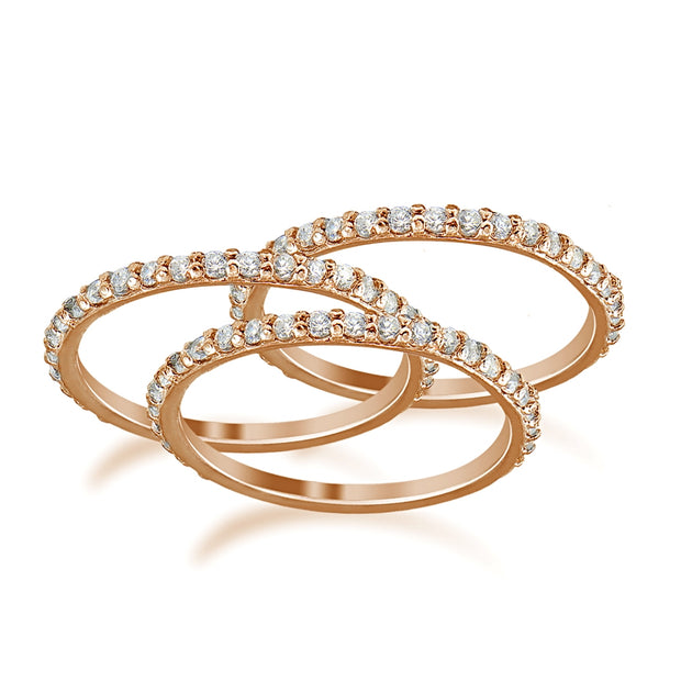 Rose Gold Tone over Sterling Silver Cubic Zirconia Eternity Stackable Wedding Bands Ring 3pc Set