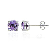 Sterling Silver Amethyst Round Solitaire Necklace and Stud Earrings Set