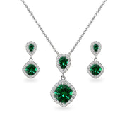 Sterling Silver Created Emerald & White Topaz Dangle Earrings & Necklace Set