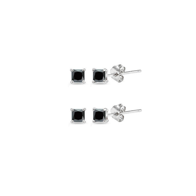 Sterling Silver Black Cubic Zirconia Stud Earrings - Set Of 3 Princess Cut 2mm Square Earrings