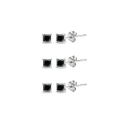 Sterling Silver Black Cubic Zirconia set of 3 Princess-Cut Square 2mm Stud Earrings