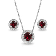 Sterling Silver Created Ruby and White Topaz Round Halo Necklace and Stud Earrings Set