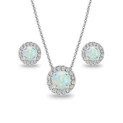 Sterling Silver Created White Opal and White Topaz Round Halo Necklace and Stud Earrings Set