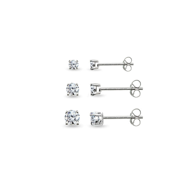 3 Pair Set Sterling Silver Cubic Zirconia Round Stud Earrings, 2mm 3mm 4mm