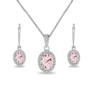 Sterling Silver Created Morganite & White Topaz Oval Halo Necklace & Leverback Earrings Set