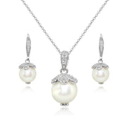 Sterling Silver Created White Pearl Leverback Earrings & Necklace Set with White Topaz Accents