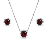 Sterling Silver Created Ruby 7mm Round Bezel-Set Solitaire Dainty Necklace and Stud Earrings Set