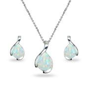 Sterling Silver Created White Opal Pear-Cut Solitaire Teardrop Design Pendant Necklace & Stud Earrings Set