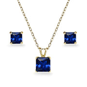 Yellow Gold Flashed Sterling Silver Created Blue Sapphire Square Solitaire Necklace and Stud Earrings Set