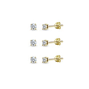 3-Pair Set Yellow Gold Flashed Sterling Silver Cubic Zirconia 4mm Round Stud Earrings