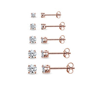 5 Pair Set Rose Gold Flashed Sterling Silver Cubic Zirconia Round Stud Earrings, 2mm 3mm 4mm 5mm 6mm