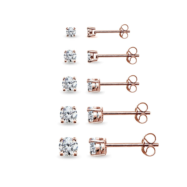 5 Pair Set Rose Gold Flashed Sterling Silver Cubic Zirconia Round Stud Earrings, 2mm 3mm 4mm 5mm 6mm