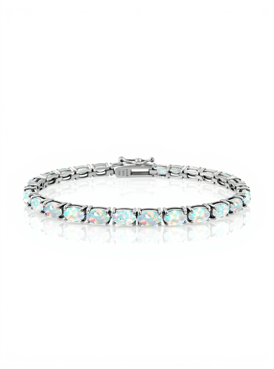 Sterling Silver Oval Tennis Bracelet 3.1ct Created Opal 5x3mm