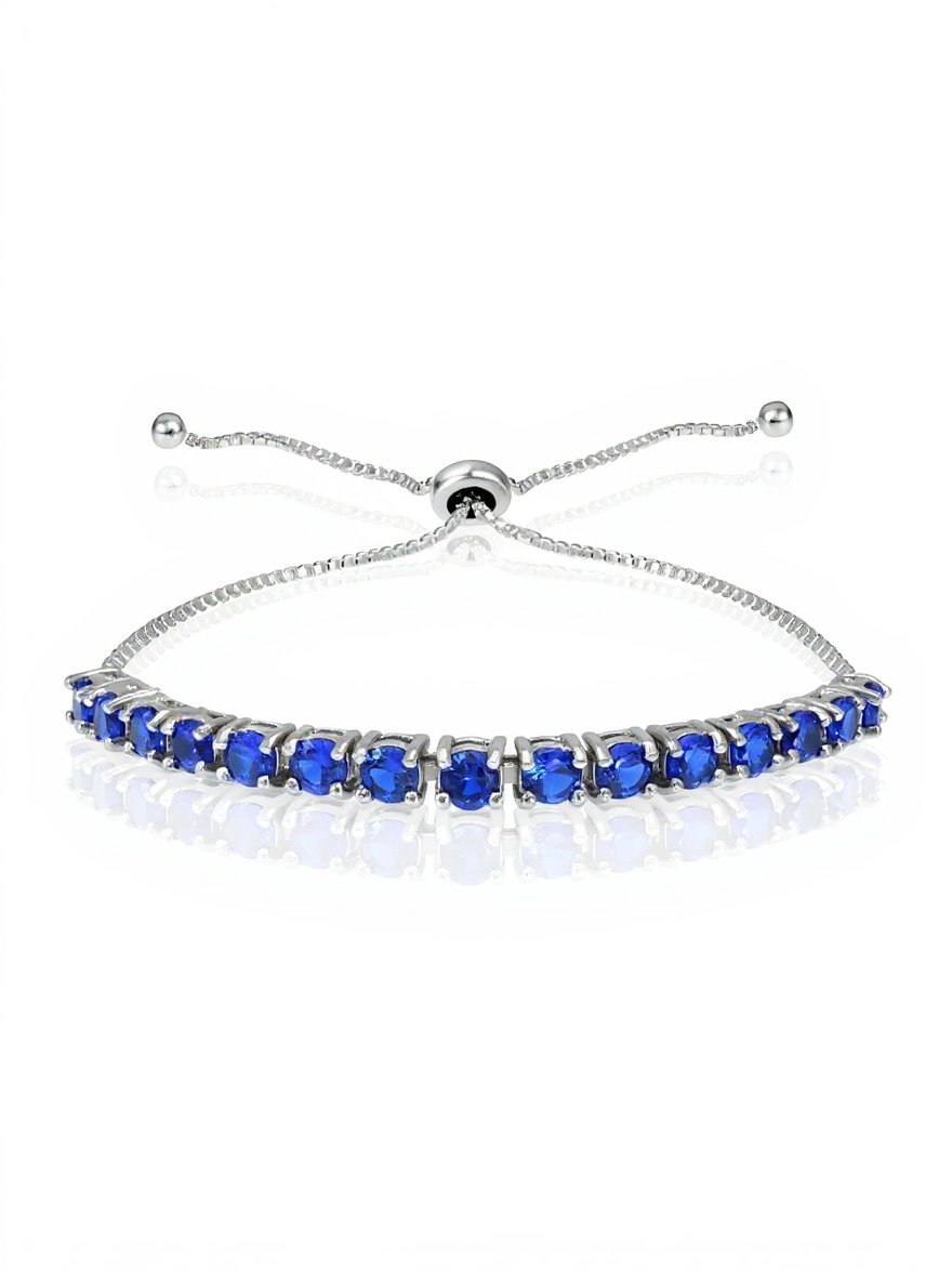 Sterling Silver Created Blue Sapphire 3mm Round Adjustable Bracelet