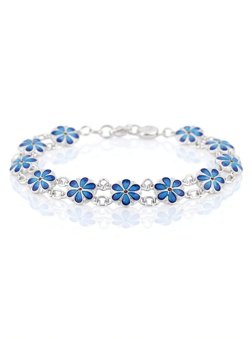 Sterling Silver Enamel Flower Linked Chain Bracelet in Dark Blue