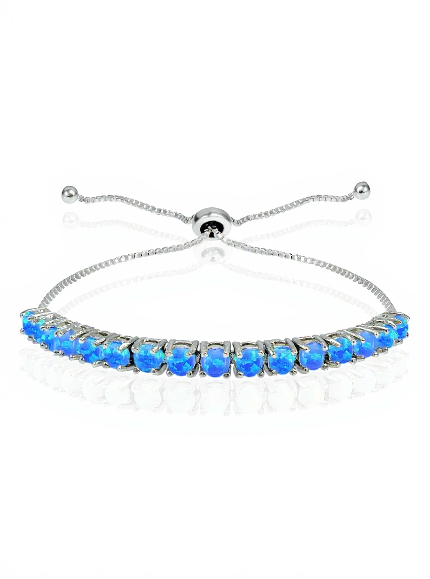 Sterling Silver Created Blue Opal 3mm Round Adjustable Bracelet