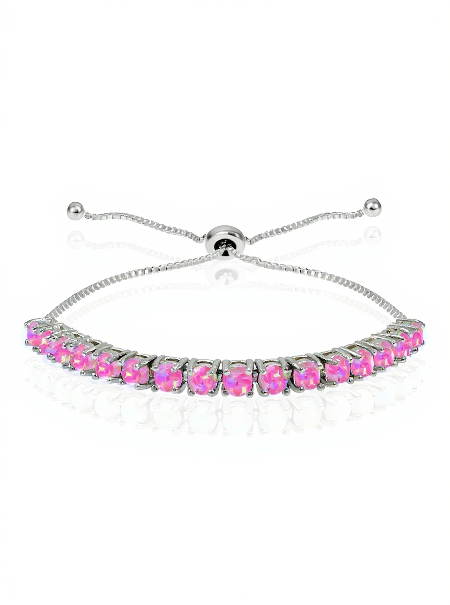 Sterling Silver Created Pink Opal 3mm Round Adjustable Bracelet