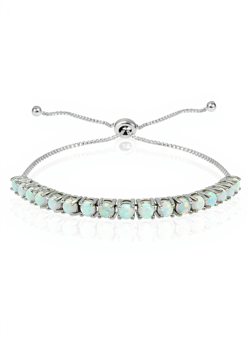 Sterling Silver Created White Opal 3mm Round Adjustable Bracelet