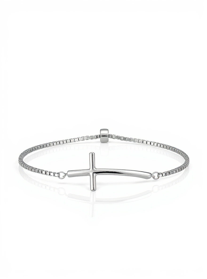 Sterling Silver Polished Cross Charm Adjustable Bolo Bracelet