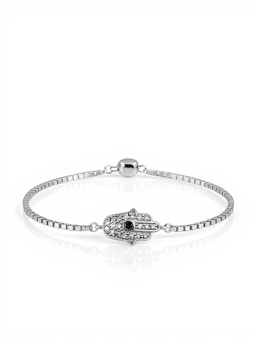 Sterling Silver CZ Hamsa Hand Adjustable Bolo Bracelet