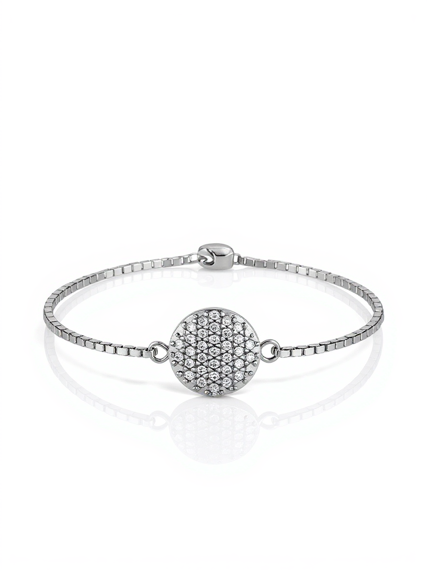Sterling Silver CZ Circle Charm Adjustable Bolo Bracelet