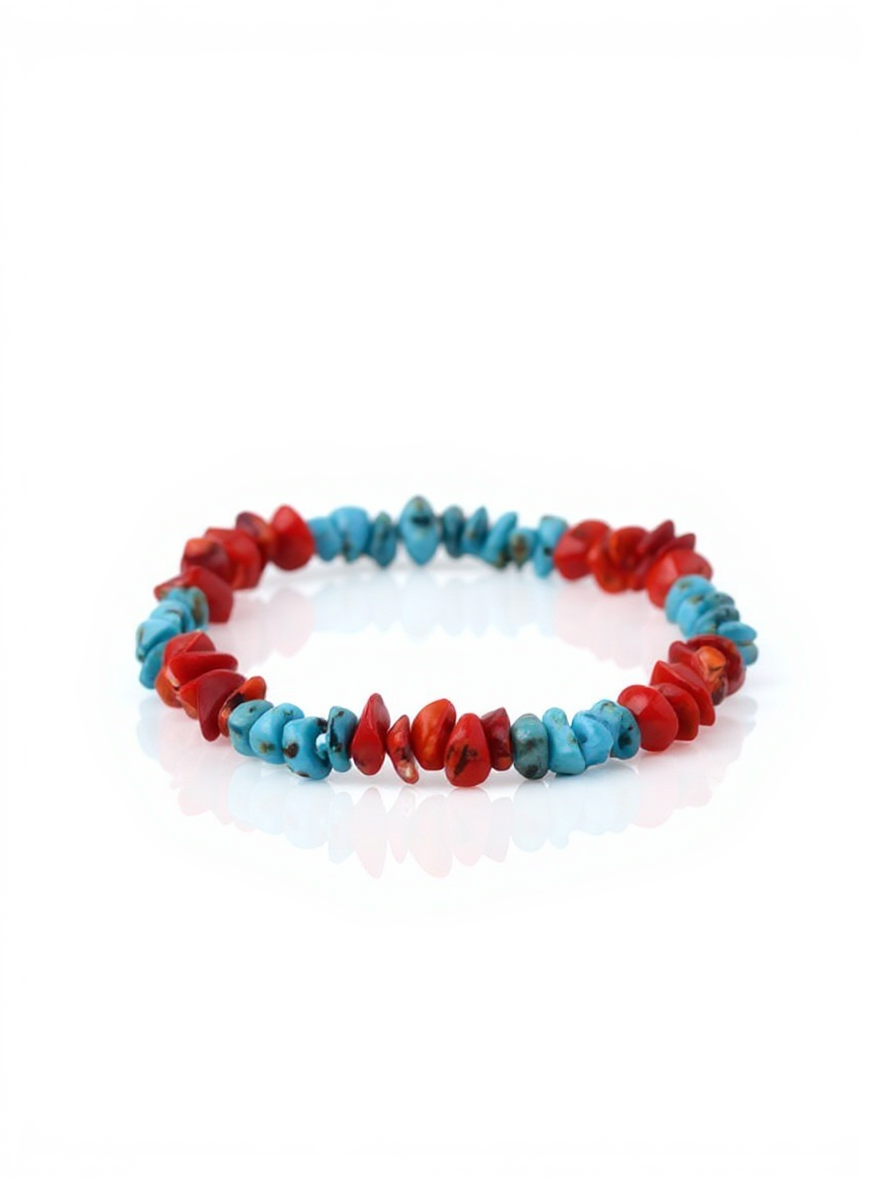 Sterling Silver Turquoise & Red Coral Chip Stretch Bracelet