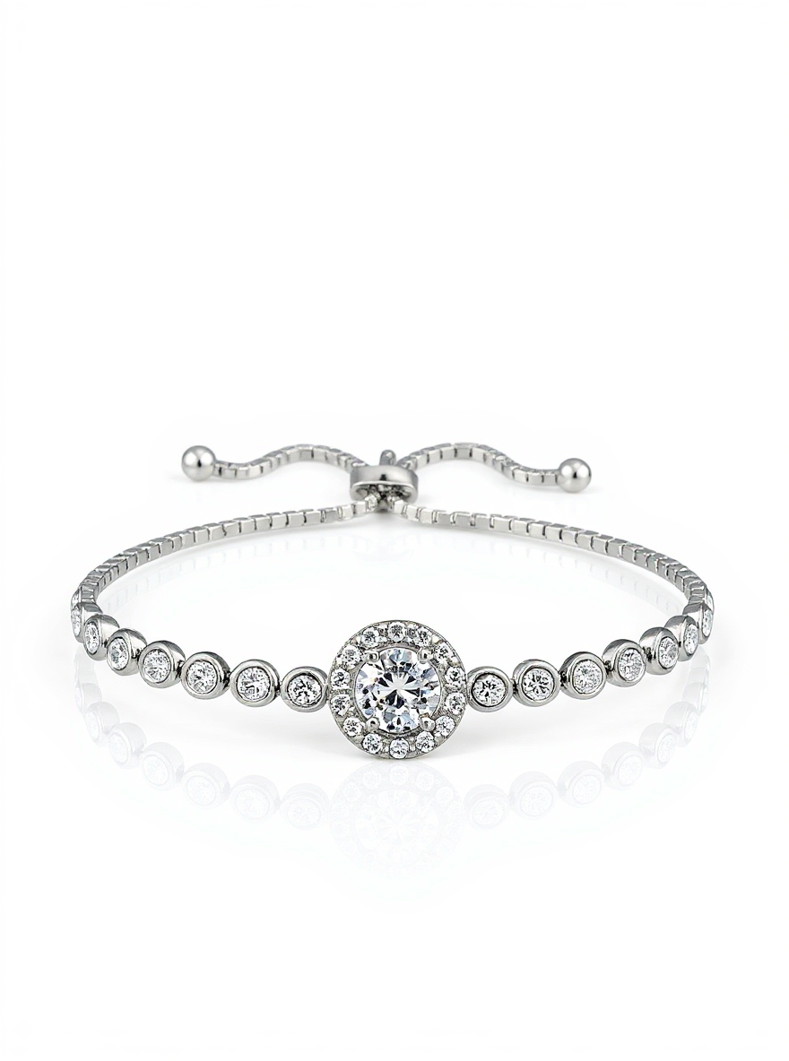 Sterling Silver CZ Halo Charm Adjustable Bolo Bracelet