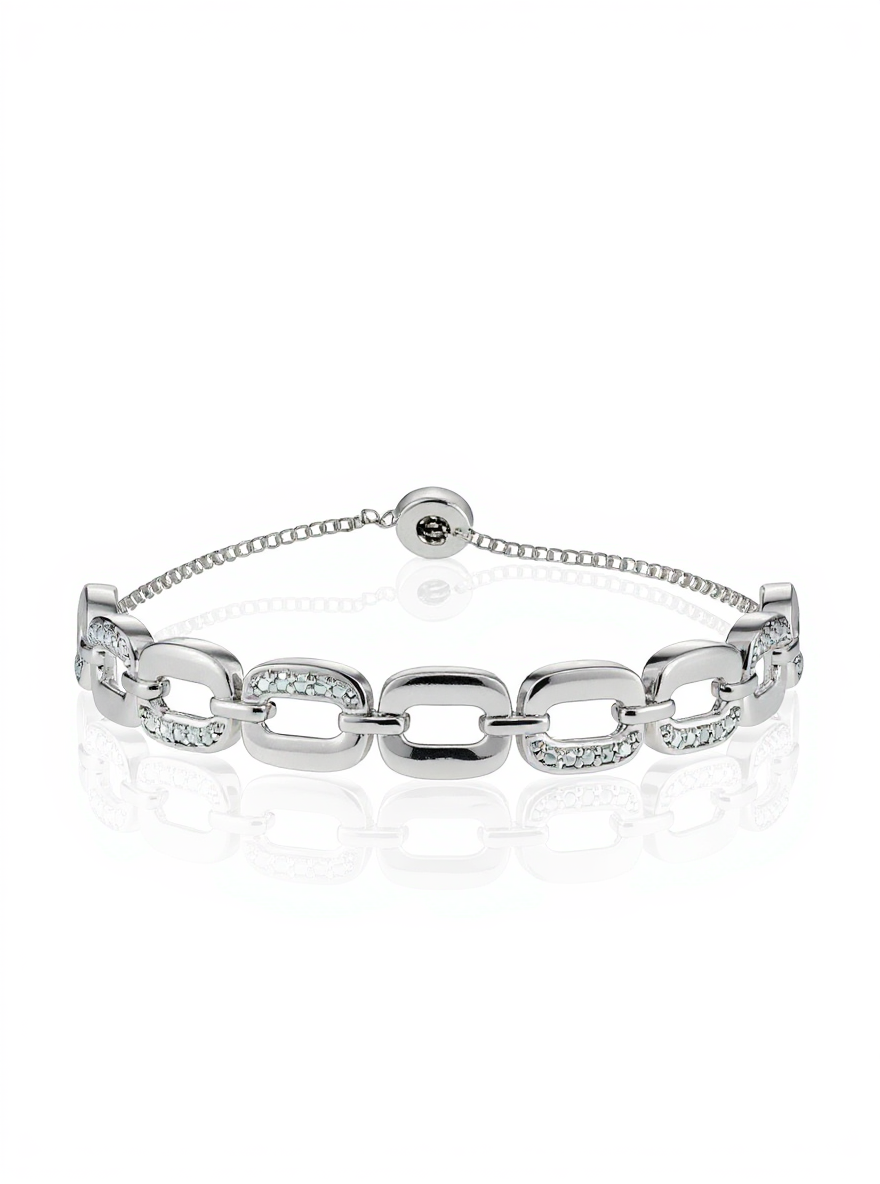 Sterling Silver Diamond Accent Rectangle Link Adjustable Bolo Bracelet
