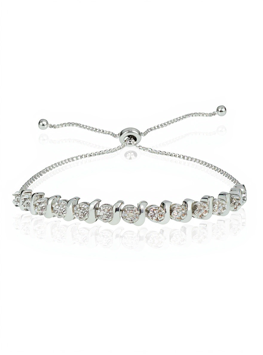 Sterling Silver Diamond Accent Round S-Link Adjustable Bolo Bracelet